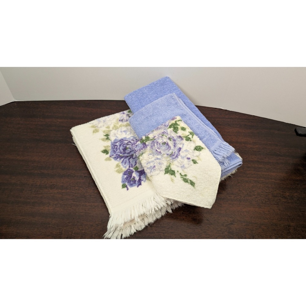 Vintage Mixed Cotton Towel Set Penneys Harmony House Cannon Floral Blue USA 4pc